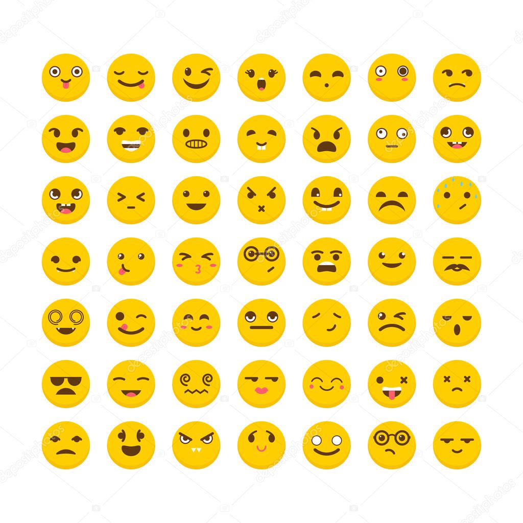 Set of emoticons. Flat design. Big collection with different expressions. Cute emoji icons