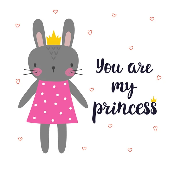 Eres mi princesa. Lindo conejito con corona. Tarjeta romántica, tarjeta de felicitación o postal. Ilustración con hermoso conejo con corazones — Archivo Imágenes Vectoriales