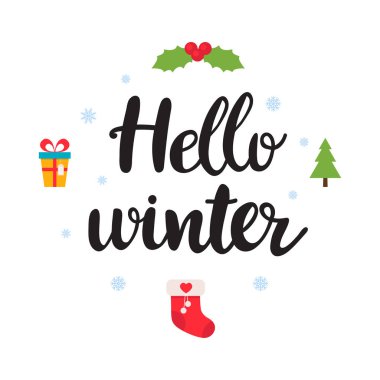 Merhaba kış. Güzel poster kar taneleri, Noel ökse otu, hediye ve el yazısı metin. Komik vektör arka plan. Noel Tasarım poster veya tebrik kartı