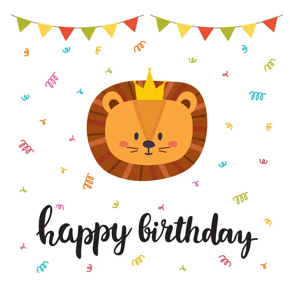 Happy Birthday. Cute greeting card with funny little lion — Stock Vector