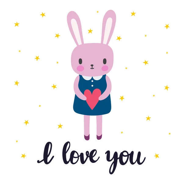 Aku sayang kamu. Kelinci kecil yang lucu. Kartu romantis, kartu ucapan atau kartu pos. Ilustrasi dengan kelinci indah dengan hati - Stok Vektor