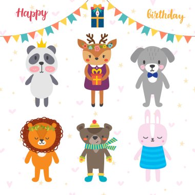 Komik karikatür hayvanlar ile doğum günü tebrik kartı. Şirin backgrou