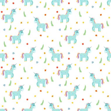 Şirin mavi tek boynuzlu atlar ile Seamless modeli. Moda çocukça backg