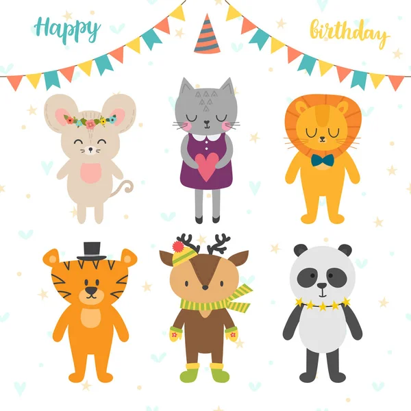 Tarjeta de cumpleaños feliz con animales de dibujos animados lindo. — Vector de stock