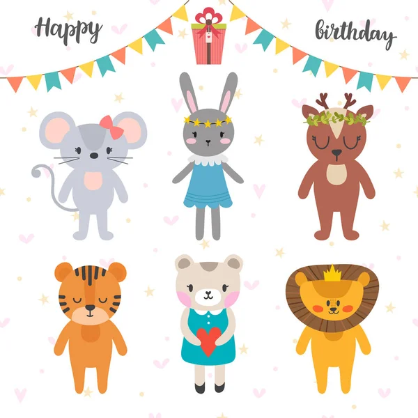 Design de aniversário feliz com animais de desenhos animados bonitos. Cartão engraçado de saudação — Vetor de Stock