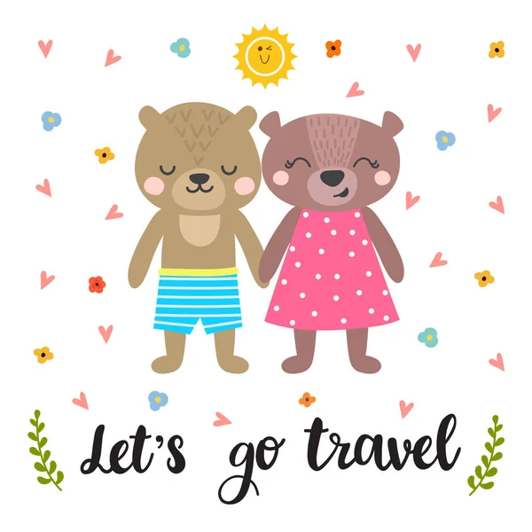 Gehen wir auf Reisen. niedliche Postkarte mit zwei lustigen Bären. Handgezeichnet — Stockvektor