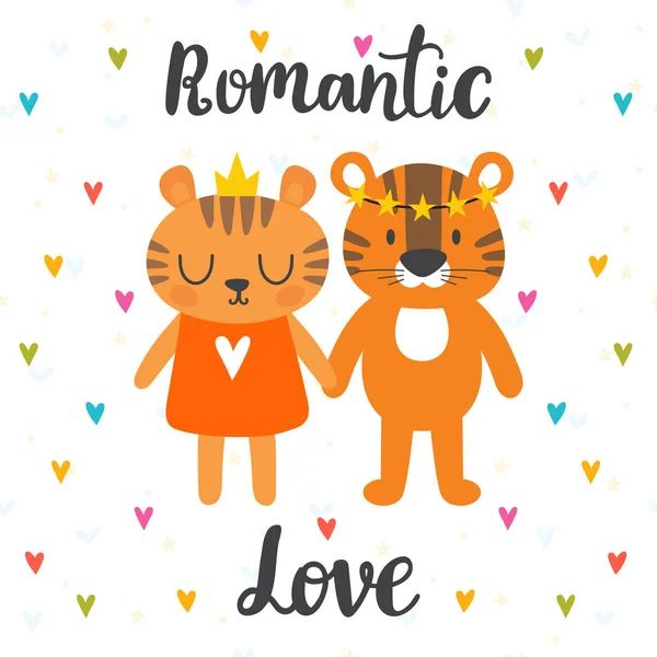 Tarjeta de felicitación romántica con dos tigres lindos. Letterina dibujada a mano — Archivo Imágenes Vectoriales