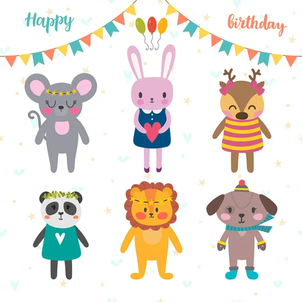 Conjunto de animales de dibujos animados lindos para el diseño del Feliz Cumpleaños. Divertido bac — Vector de stock
