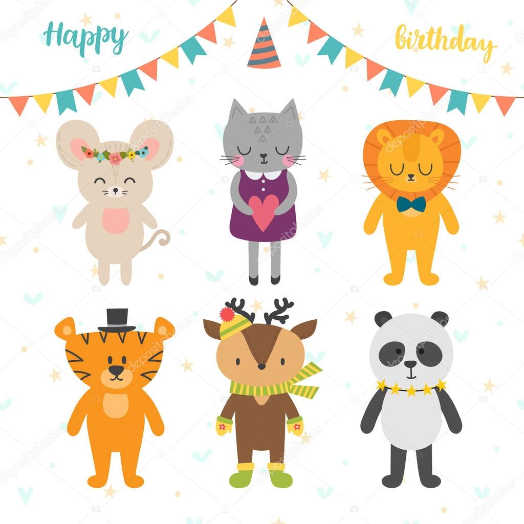 Happy Birthday card with cute cartoon animals.