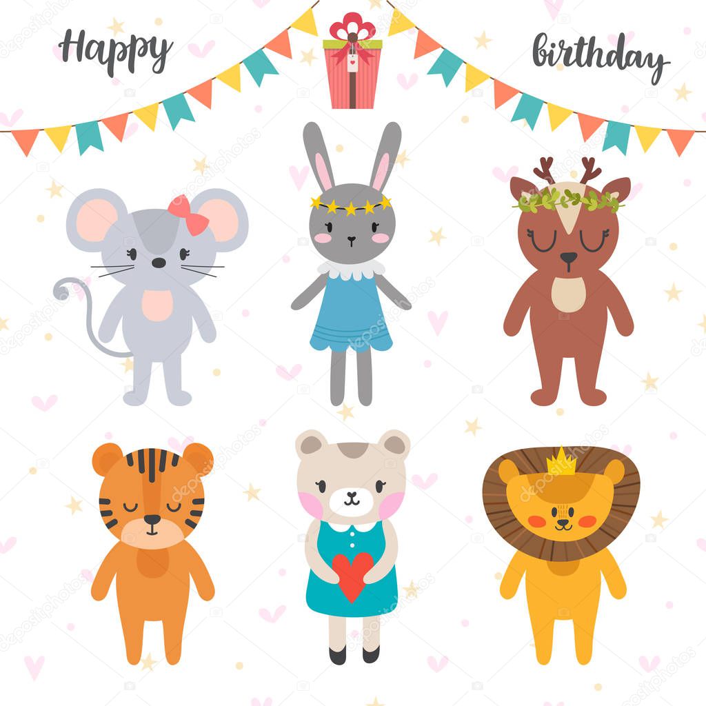 Happy birthday design with cute cartoon animals. Funny greeting card