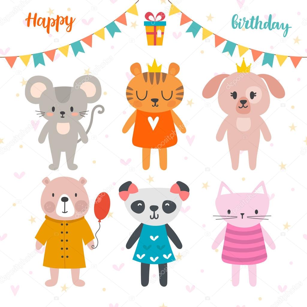 Happy birthday design with cute cartoon animals. Funny postcard