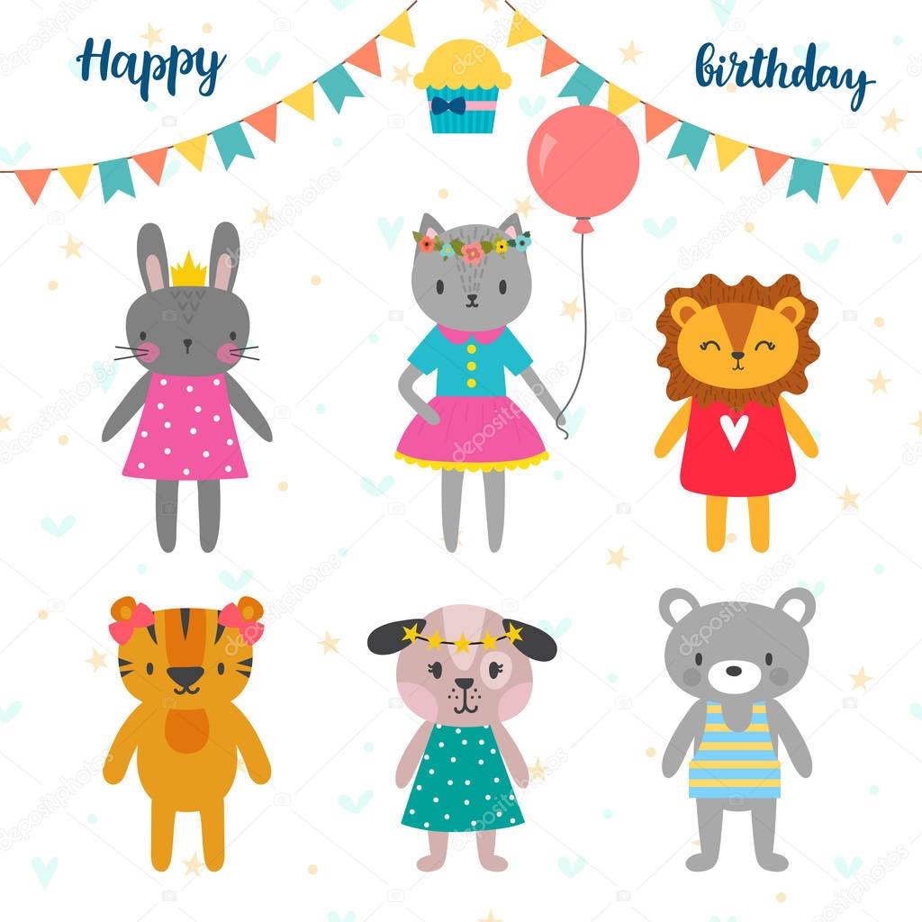 Set of cute cartoon animals for Happy birthday design