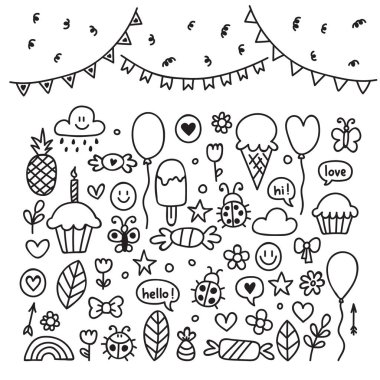 Elle çizilmiş tasarım öğeleri. Kutlama nesne parti kümesi. Doodle çocuk çizimleri