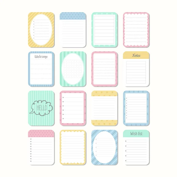Sheets of paper. Template notepad. Collection of various note papers. Cute design elements — Stock Vector