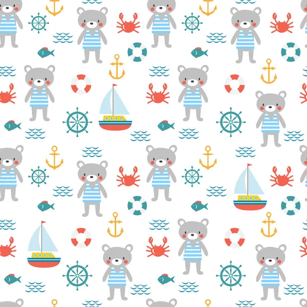 Aranyos kis medve tengerész varrat nélküli mintát. Tengeri gyermekek háttér hal, a vitorlás hajó, a rák és a horgonyt. Tenger, óceán design — Stock Vector