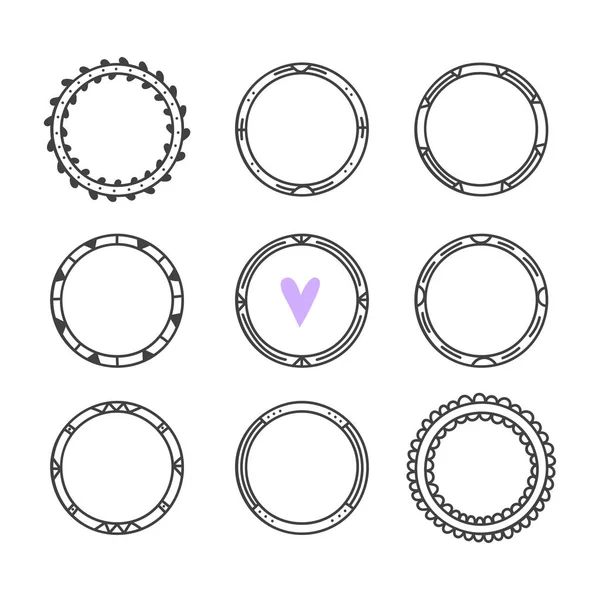 Romantic collection with hand drawn round frames. Cute circle wreaths. Vintage design elements — Stock Vector