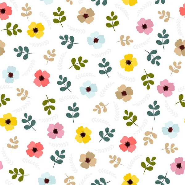 Florales nahtloses Muster mit Blättern und Blüten. niedlichen Frühling floralen Hintergrund mit dekorativen Elementen für Ihr Design — Stockvektor