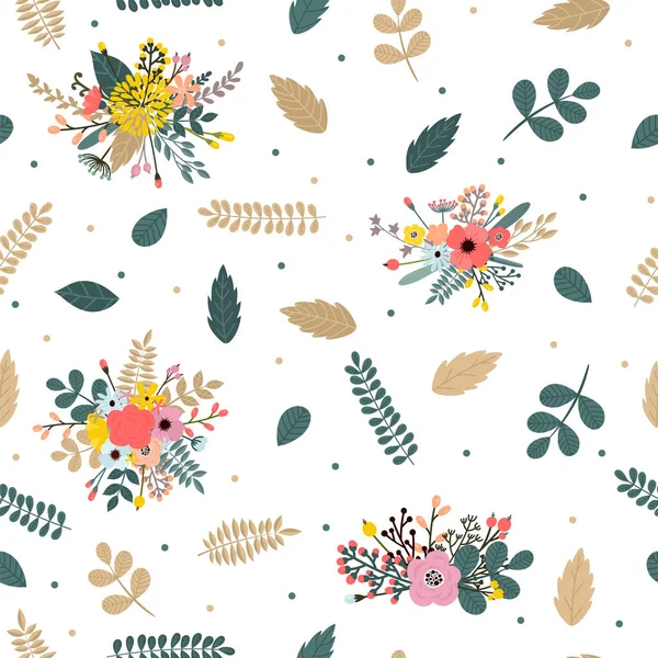 Motif floral sans couture avec des feuilles, des branches et des fleurs. Mignon fond floral printemps — Image vectorielle