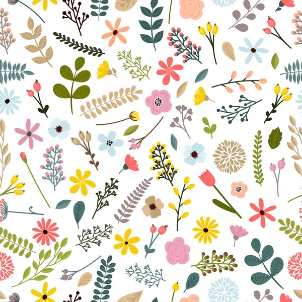 Patrón sin costura floral con hojas, ramas y flores. Fondo floral de primavera — Vector de stock