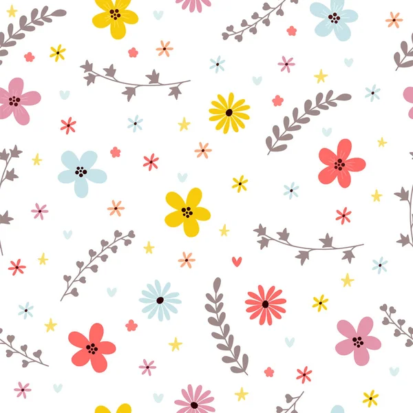 Floral zomer naadloze patroon met bladeren, takken en bloemen. Lente bloemen achtergrond — Stockvector