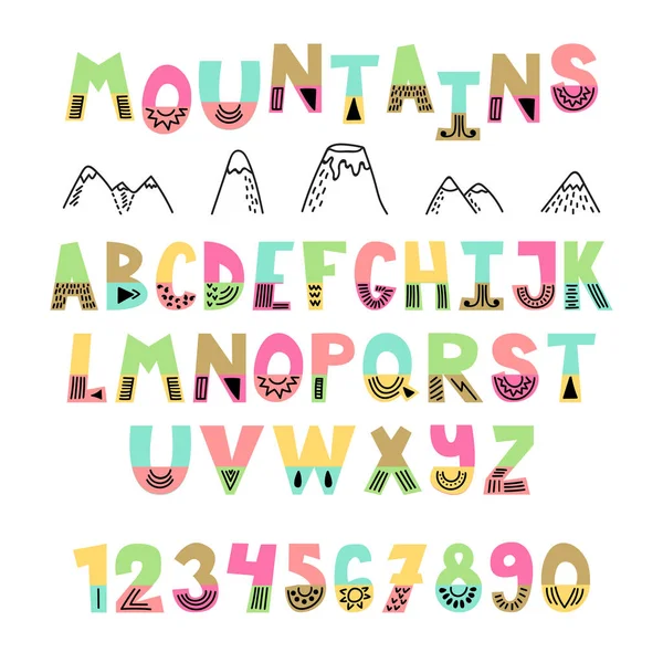 Fuentes Mountains. Alfabeto inglés dibujado a mano. Lindas letras y números con elementos de decoración — Vector de stock