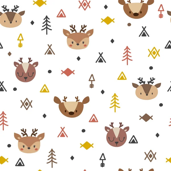 Племенной бесшовный рисунок с мультяшными оленями. Абстрактная геометрическая печать. Ручное рисование этнического происхождения с красивыми животными — стоковый вектор