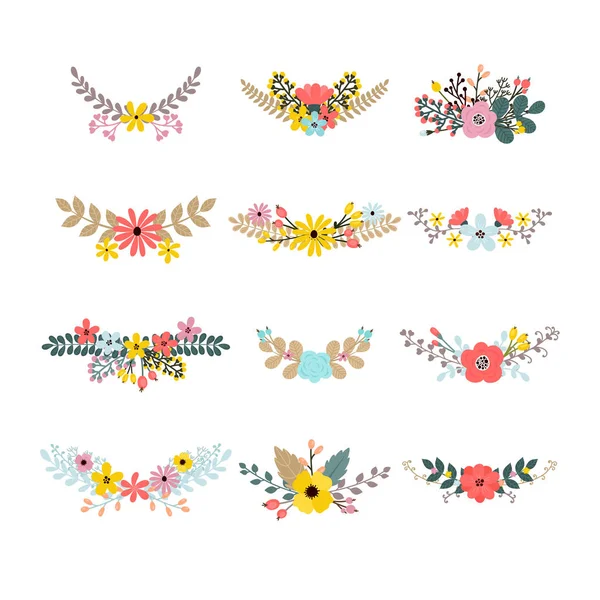 Set de bouquets floraux pour la décoration. Eléments de design floral. Bouquets élégants pour carte de vœux, mariage, invitation, anniversaire. Collection avec feuilles et fleurs — Image vectorielle