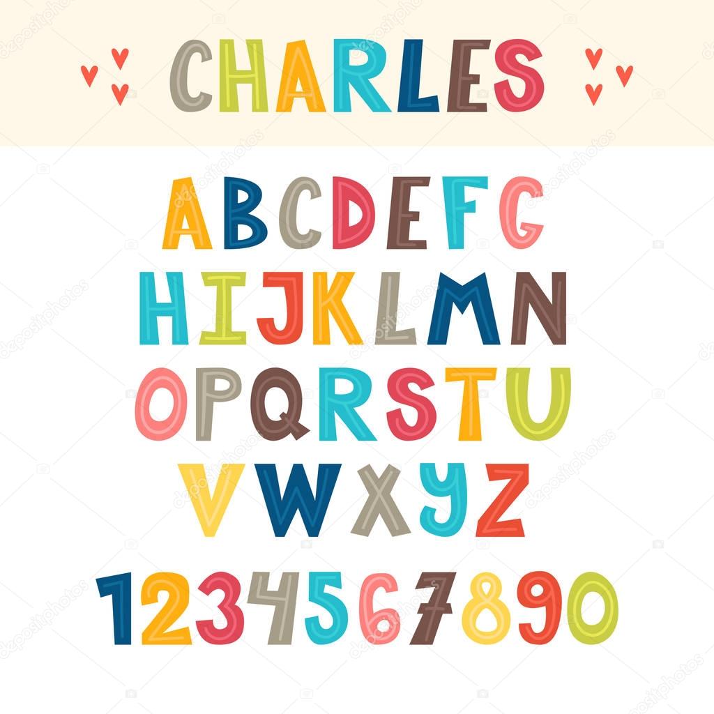 Funny colorful hand drawn English alphabet. Cute letters and numbers. Font