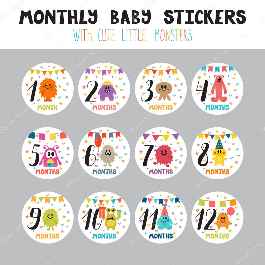 Monthly baby stickers for little girls and boys. Month by month growth stickers for clothing. Cute cartoon little monsters. Great baby shower gift
