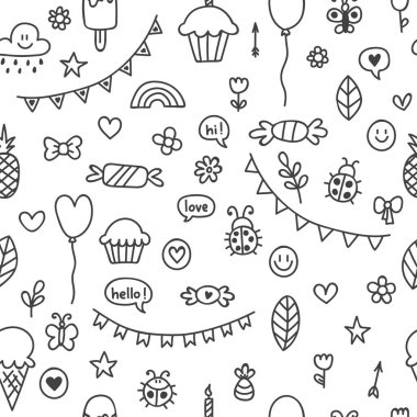 Sevimli küçük kız ve erkek arka plan. Elle çizilmiş çocuk çizimleri Dikişsiz desen renk. Arka plan çizim çocuklar doodle. Kroki