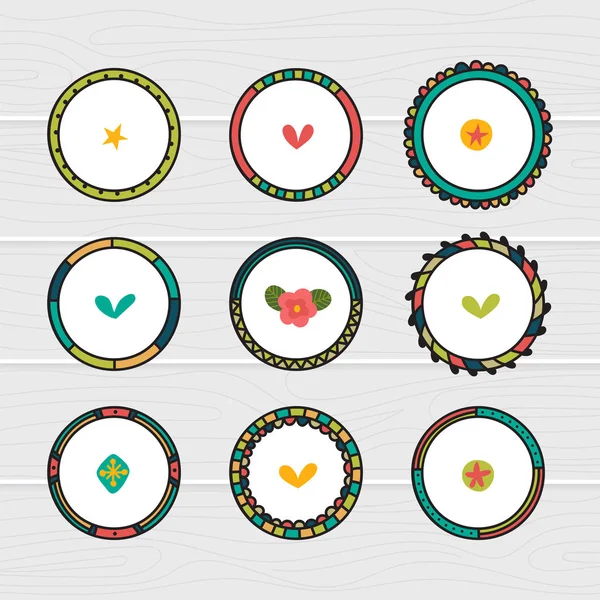 Romantic collection with hand drawn round frames. Doodle ethnic design elements. Decorative floral elements — Stock Vector