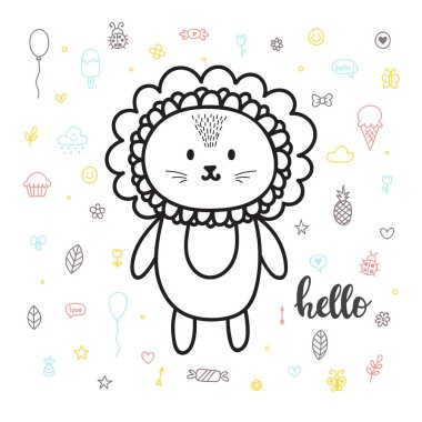 Şirin el komik aslan ile çizilmiş kartpostal. Küçük kız mı erkek için kartı. Tasarım şablonu. Doodle tarzı. Yarım yamalak karakter