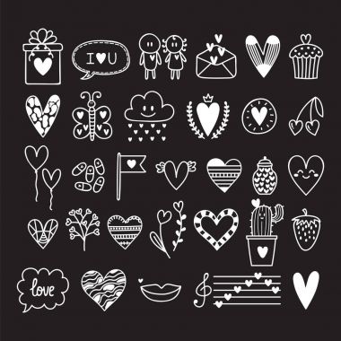 Elle çizilmiş sevimli romantik doodle unsurları ayarlayın. Aşk kavramı. Koleksiyonu düğün ve Sevgililer günü tasarım kroki