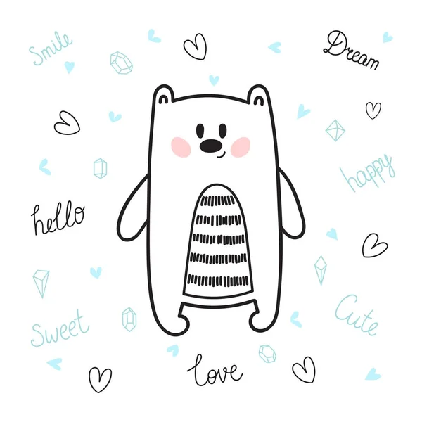 Χαριτωμένο χέρι συρμένο καρτ ποστάλ με αστεία αρκούδα. Κάρτα για το μικρό αγόρι ή κορίτσι. Πρότυπο για το σχεδιασμό σας. Doodle στυλ. Σχηματικό χαρακτήρα — Διανυσματικό Αρχείο