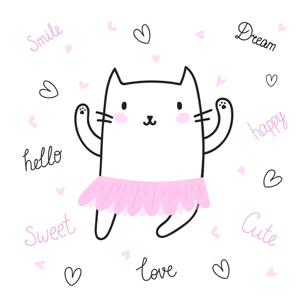 Tangan lucu digambar kartu pos dengan kucing lucu berpakaian balerina rok. Kartu untuk gadis kecil. Templat untuk rancanganmu. Gaya Doodle. Karakter Sketchy - Stok Vektor