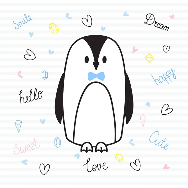 Schattig hand getekende ansichtkaart met grappige Pinguin. Kaart voor kleine meisje of jongen. Sjabloon voor uw ontwerp. Doodle stijl. Schetsmatig karakter — Stockvector