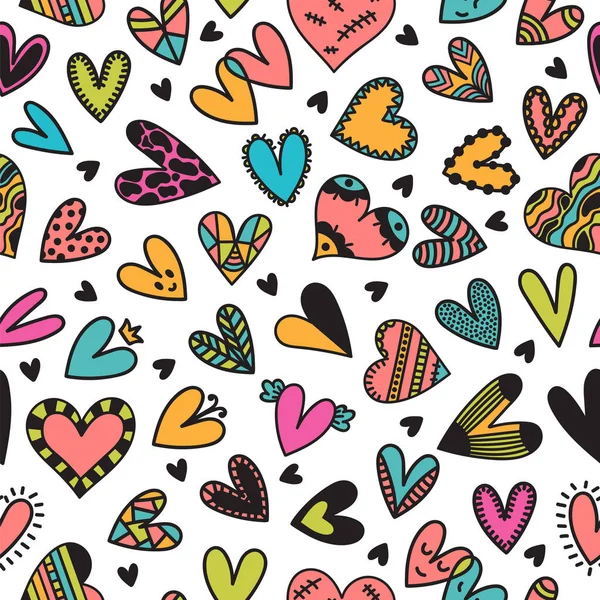 Niedliche nahtlose Muster mit handgezeichneten Herzen. Niedliche Doodle-Elemente. Hintergrund für Hochzeits- oder Valentinstag-Design — Stockvektor