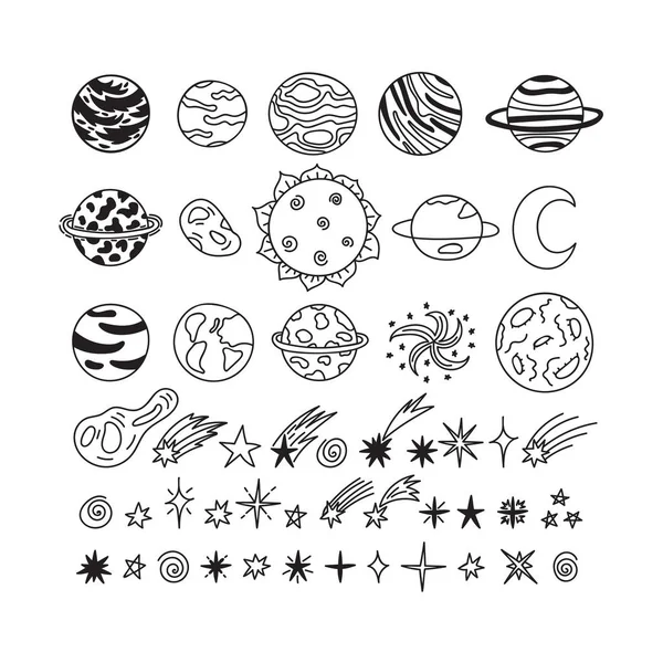 Planetas, estrelas, asteróides e outros objetos espaciais desenhados à mão. Estilo doodle bonito. Conjunto de esboços de elementos e símbolos espaciais. Universo, galáxia — Vetor de Stock