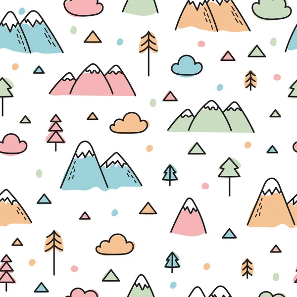 Hand dragna sömlösa mönster med träd och berg. Kreativa skandinaviska skogsmark bakgrund. Skogen — Stock vektor