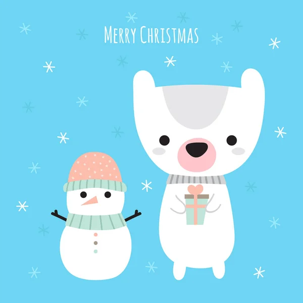 Mutlu Noeller. Sevimli Noel tebrik kartı. Çizgi film kardan adam ve komik ayı. Kış tatili — Stok Vektör