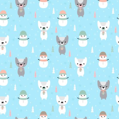 Noel karikatür ayı ve kardan adam ile seamless modeli. Bebek giysileri için tatil arka plan. Noel ve yeni yıl tasarım