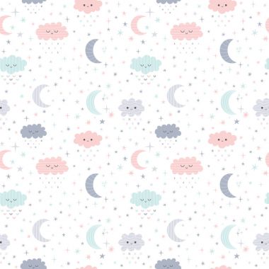 Şirin el gülümseyen bulutlar ile seamless modeli ve ay yıldız ile çekilmiş. Komik hava Tema. Çocuklar arka plan