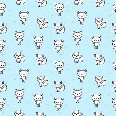 Ayılar ve çocuklar için tilki ile şirin seamless modeli. Güzel el hayvanlar üzerinde mavi arka plan çekilmiş.