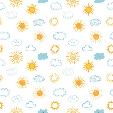 El ile Seamless Modeli çizilmiş bulutlar ve güneş. Doodle, eskiz. Şirin arka plan