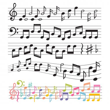 Elle çizilmiş müzik notlar kümesi. Müzik tasarım öğeleri. Anahtar işareti koleksiyonu. Melodi sembolleri