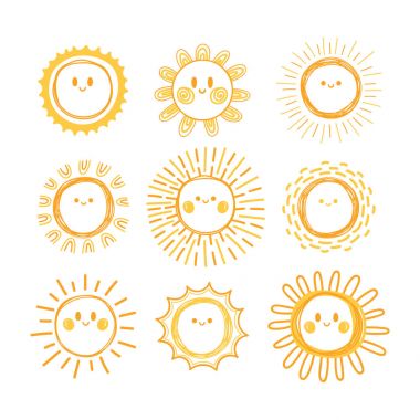 Elle çizilmiş güneş simgeler kümesi. Gülümseyen güneş karakterler koleksiyonu. Doodle