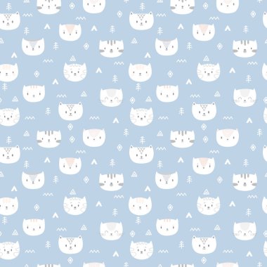 Küçük kediler ile kabile seamless modeli. Soyut geometrik sanat baskı. Sevimli hayvanlar ile etnik köken el çekilmiş