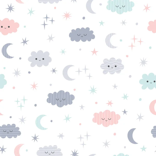 Carino modello senza soluzione di continuità per i bambini. Bello sfondo per bambini con luna, stelle e nuvole — Vettoriale Stock