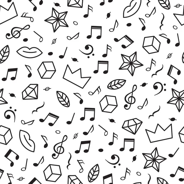 Doodle motif sans couture avec des notes de musique, des cœurs, des étoiles et d'autres éléments géométriques. Fond moderne dessiné à la main. Thème musical — Image vectorielle