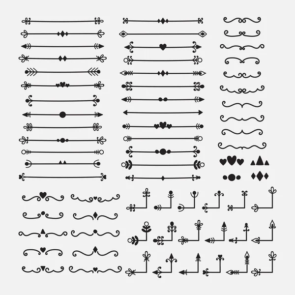 Linhas, fronteiras e divisores. Elementos de design caligráfico desenhados à mão. Conjunto de símbolos decorativos em estilo doodle. Cantos e separadores coleção —  Vetores de Stock